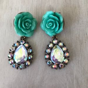 Teal Rose Iridescent Dangle Earrings